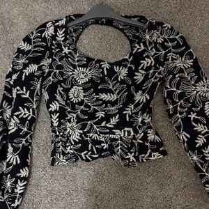 Zara Black Long-Sleeve Floral Embroidered Peplum Top